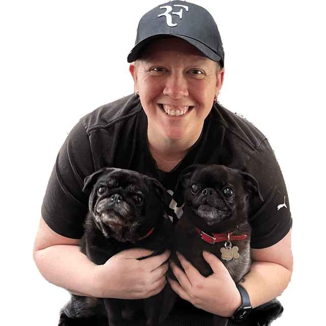 Owner Amy with client pugs Peeps and PNut
